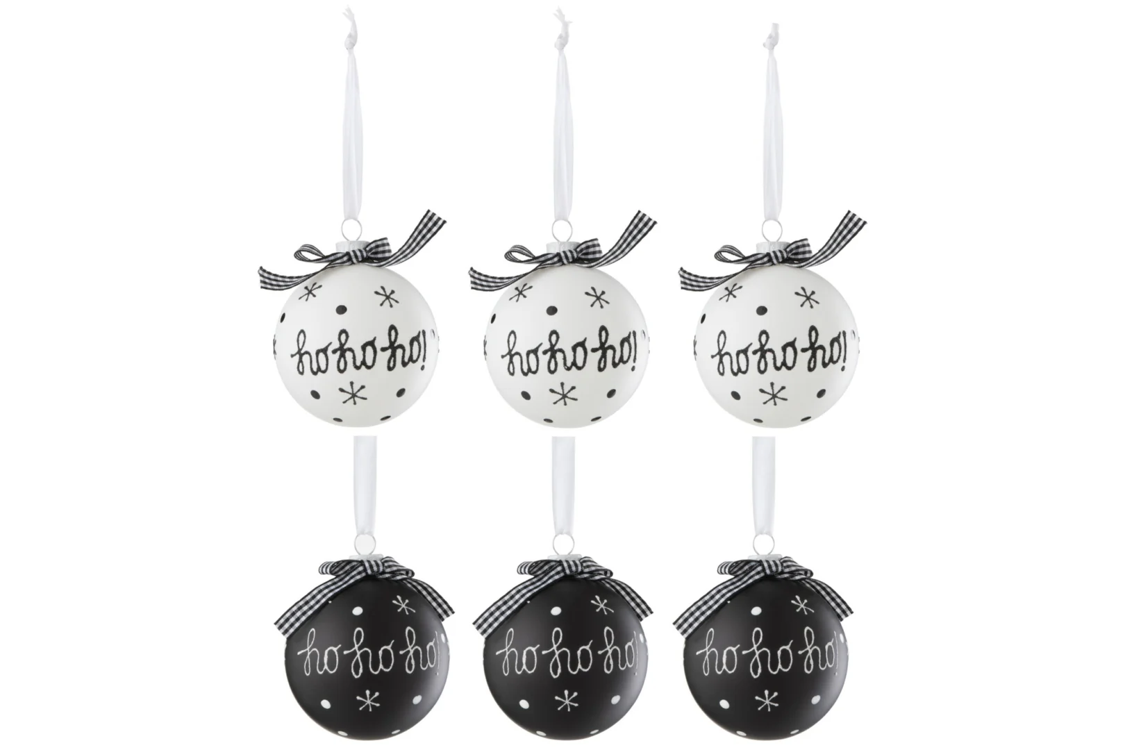 Set van 6 Caarnino glazen kerstballen, zwart-wit met ho ho ho-print en strikje