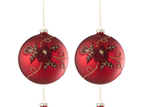 Viessik glazen kerstballen rood met bloemmotief, set van 4, elegant en feestelijk opgehangen