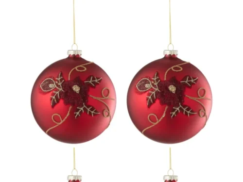 Viessik glazen kerstballen rood met bloemmotief, set van 4, elegant en feestelijk opgehangen