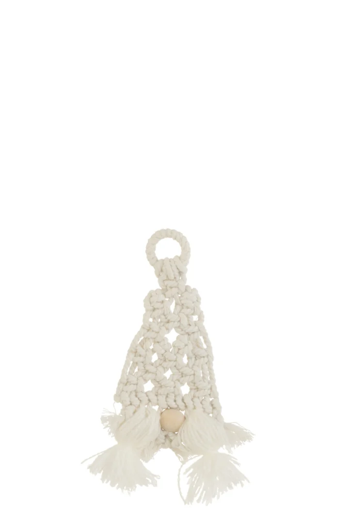 Looskek witte katoenen kabouterhanger met macramé look en zachte franjes, 19 cm hoog