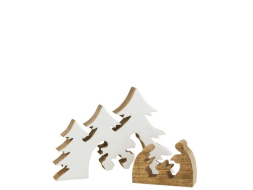 Kerststal Jaunia van wit mangohout met houtkleurige accenten, compacte kerstdecoratie voor dressoir of vensterbank