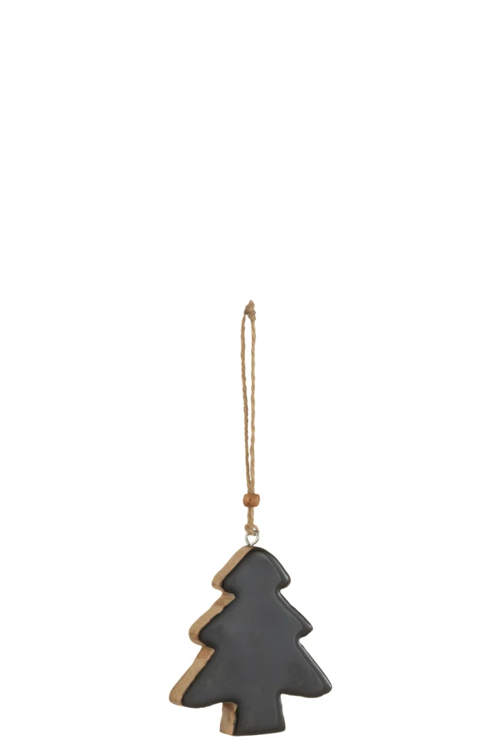 Kunstboom Fimora van zwart mangohout, compacte hanger met touwlus en natuurlijke houten rand