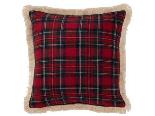 Kussen Sielora meerkleurig 45 x 45 cm met rood ruitdessin en beige franjerand