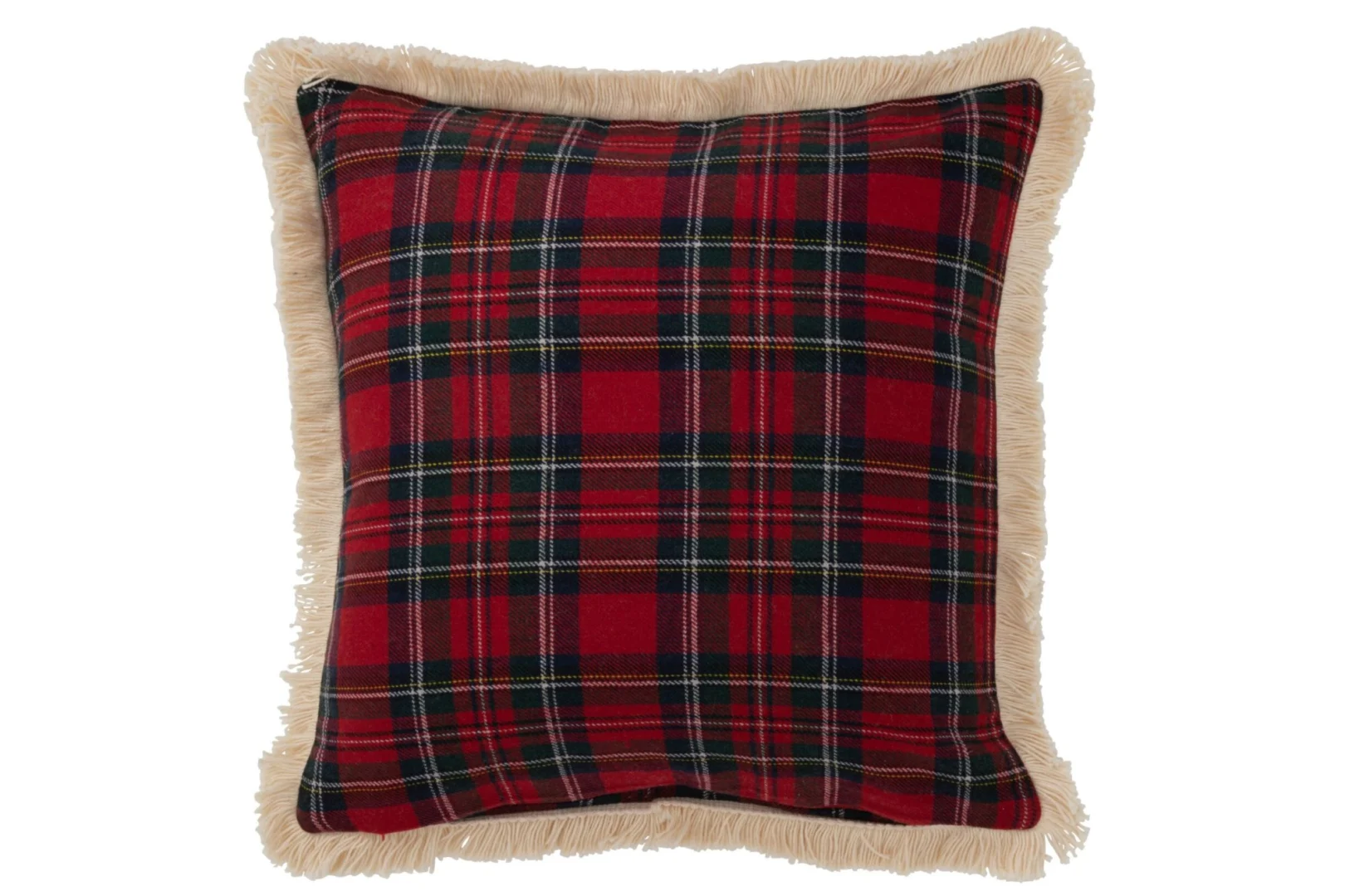 Kussen Sielora meerkleurig 45 x 45 cm met rood ruitdessin en beige franjerand