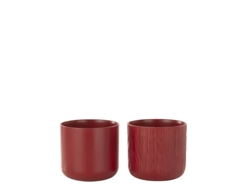 Bloempot Holia keramiek rood, set van 2, compacte ronde potten met matte en geribbelde afwerking