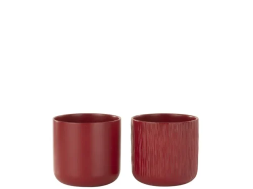 Set van 2 Greisken bloempotten van rood keramiek, met matte en geribbelde afwerking, H14,5 cm