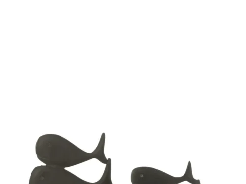 Gondira decoratiefiguur met zwarte visvormen op mangohouten basis, meerkleurig aluminium woonaccessoire