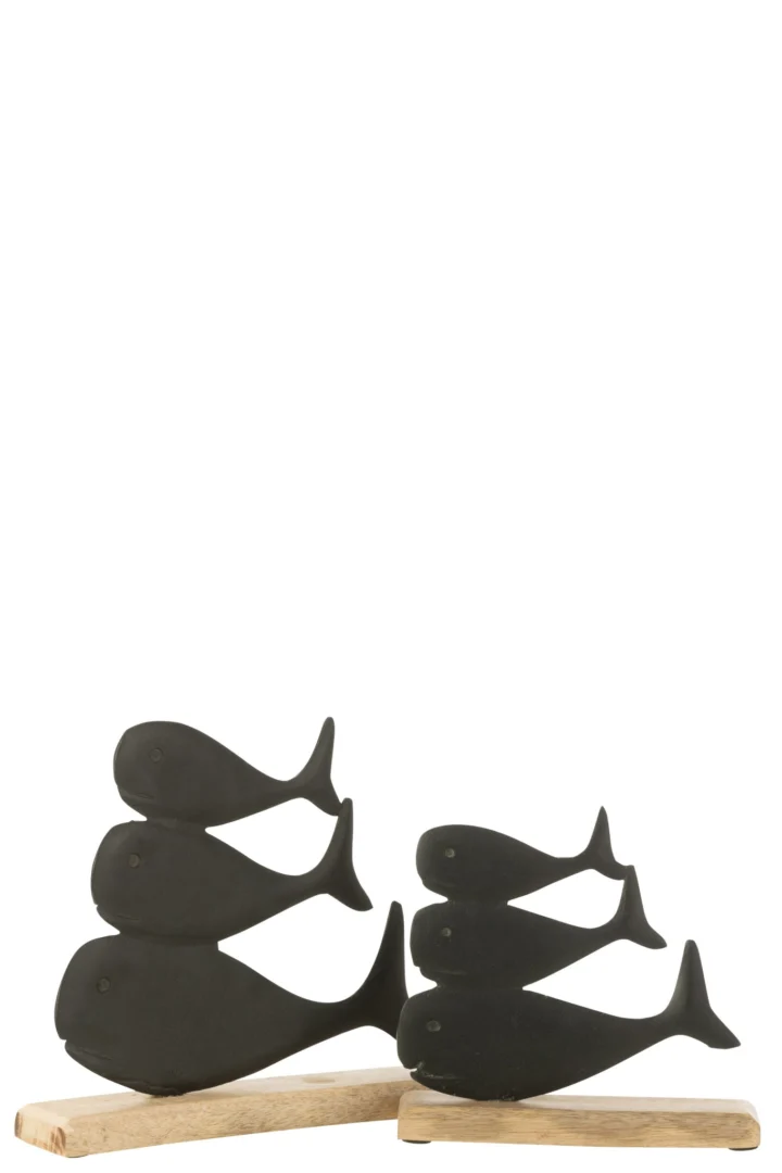 Gondira decoratiefiguur met zwarte visvormen op mangohouten basis, meerkleurig aluminium woonaccessoire