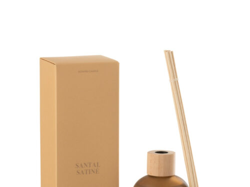 Geurstokjes Belvino Geel met amberkleurige fles, houten dop en satijns sandelhout in warme, minimalistische verpakking