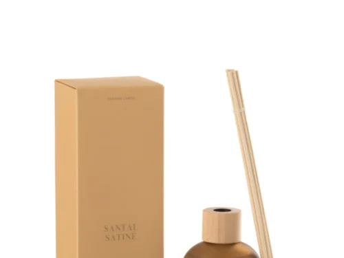 Geurstokjes Belvino Geel met amberkleurige fles, houten dop en satijns sandelhout in warme, minimalistische verpakking