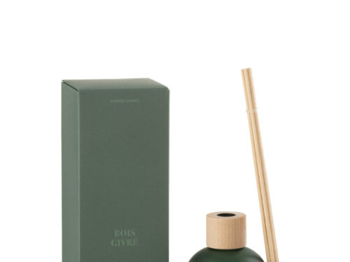 Geurstokjes Gaarrel Groen in donkergroene fles met houten dop, stokjes en verpakking, geur van bevroren hout