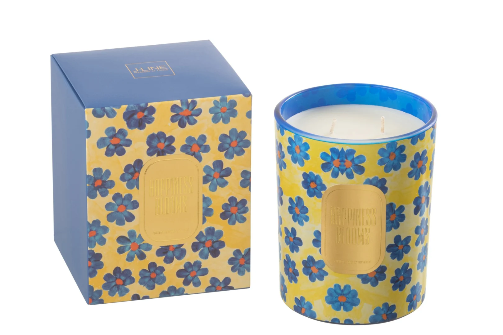 Geurkaars Jeilund meerkleurig met bloemendessin, blauwe rand en luxe cadeauverpakking, witte muskus violet geur