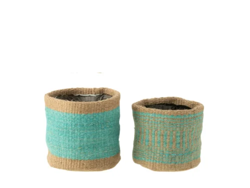 Mand Mellas jute blauw set van 2, compacte geweven opbergmanden met natuurlijke jute en azuurblauw detail