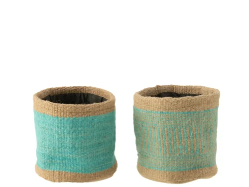 Mand Ceedone Jute Blauw set van 2 ronde opbergmanden met naturel jute en azuurblauwe accenten