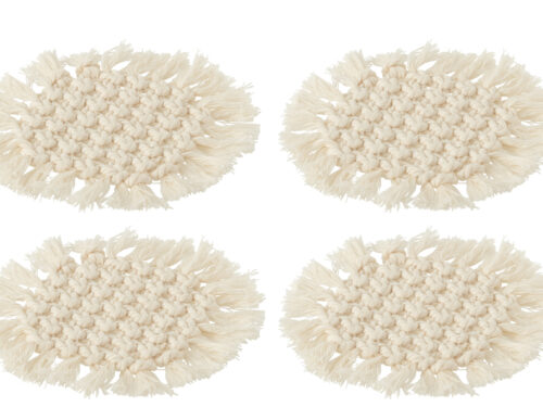 Baunno polyester onderzetters beige, set van 4, rond met macramé-effect en franjes