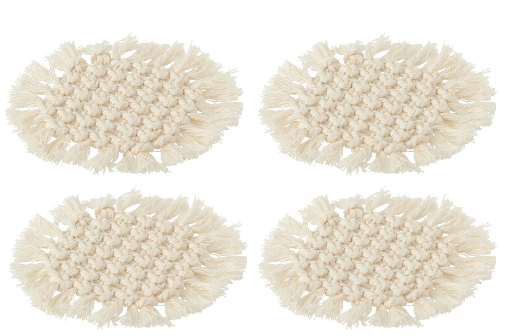 Baunno polyester onderzetters beige, set van 4, rond met macramé-effect en franjes