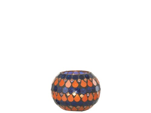 Skimmoro waxinelichthouder van blauw glas met mozaïekpatroon in oranje en blauw