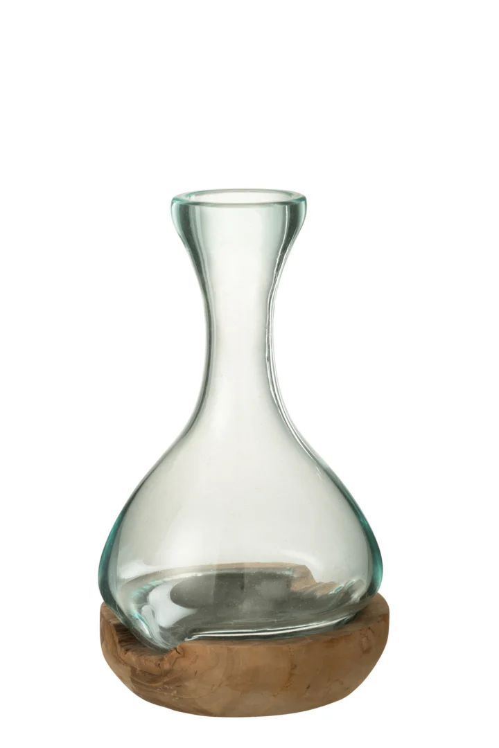 Transparante Gandonte glazen vaas met teakhouten voet, H29 cm, elegant en compact ontwerp