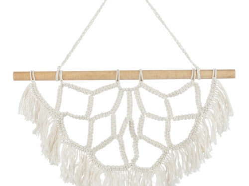 Decoratiehanger Laamonte van wit katoen met houten stok en speelse franjes, natuurlijke woondecoratie