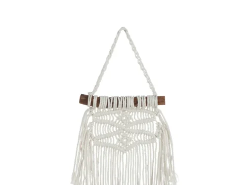 Decoratiehanger Praalty katoen wit met macramé patroon en houten stok voor een rustige wanddecoratie