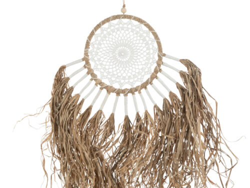 Dromenvanger Danni Raffia Naturel met witte webbing en natuurlijke rafia franjes voor een rustige muurdecoratie