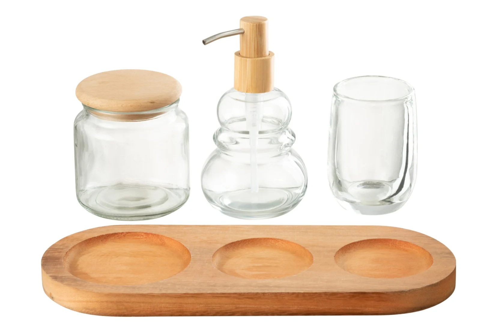 Woonaccessoire Skeinnek glas set van 4 met houten deksel, pomp en dienblad, transparant en natuurlijk