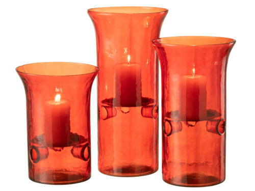 Feessol glazen kandelaars rood, set van 3, H21 cm, met elegante flared vorm en warme uitstraling
