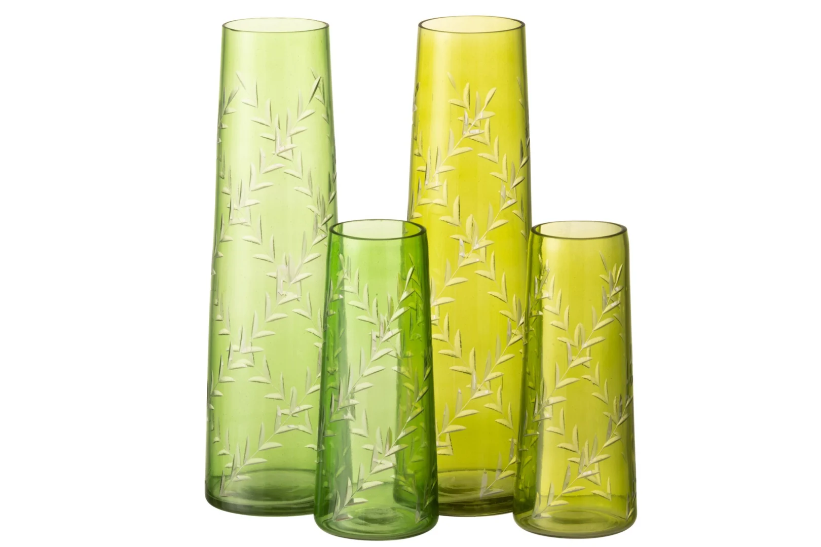 Set van 2 Veeltano groene glazen vazen met bladmotief, slanke hoge vorm van 24 cm, eigentijds design