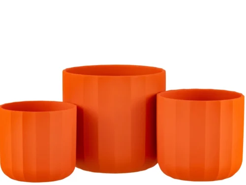 Set van 3 oranje Raukil keramieken bloempotten met ribbelstructuur en ronde vorm