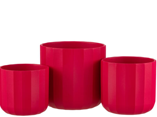 Bloempot Feerwerd keramiek roze, set van drie formaten met ribbelstructuur en ronde vorm