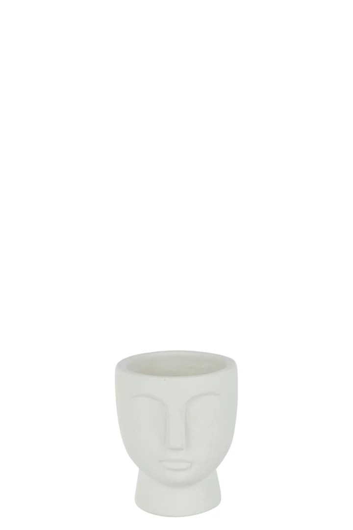 Bloempot Beenu Beton Wit met gezichtsmotief, compact cement design en H17,5 cm
