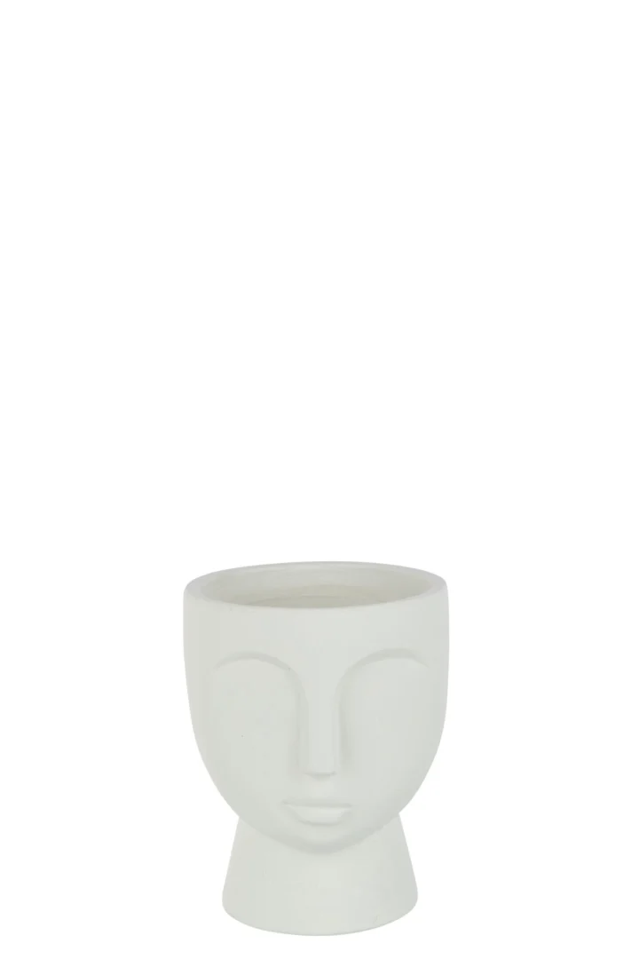 Witte Bloempot Stiermak Beton Face H22 cm met rustig gezicht en compact cementdesign