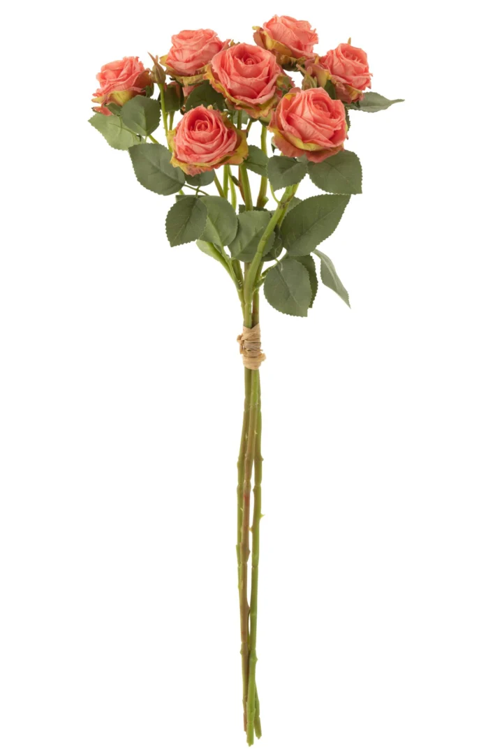 Kunstbloem Gerin roze rozenbos van polyester met lange steel en groene bladeren, 60 cm hoog
