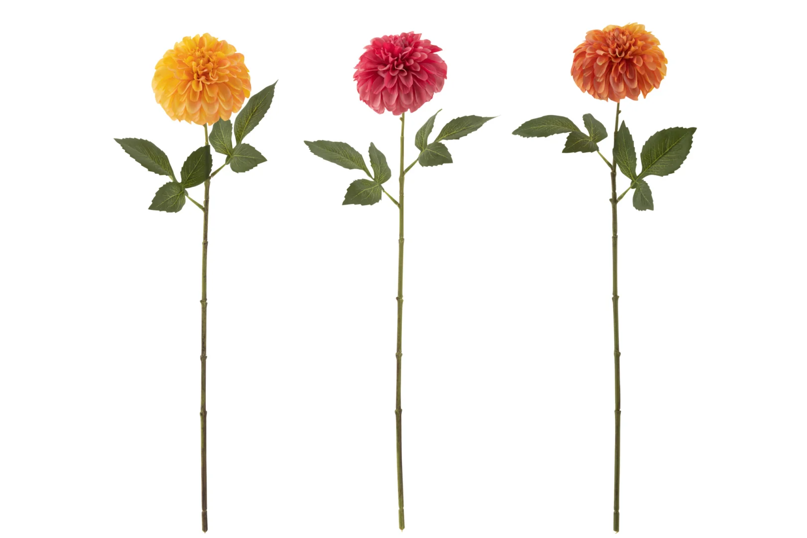 Kunstbloem Tausol set van 3 meerkleurige kunstdahlia’s van polyester met groene bladeren