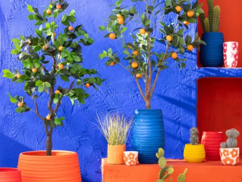 Groene Skierin pot met kunstsinaasappelboom, H130 cm, levendige woonaccessoire voor kleurrijk interieur