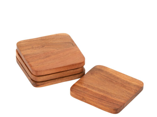 Baarmero houten onderzetters set van 4, vierkant acaciahout naturel met warme houtnerf