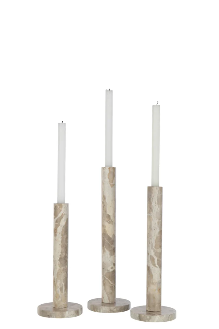 Kandelaar Molvane set van 3 beige marmer, 40 cm hoog, met slanke kaarsen en ronde voet