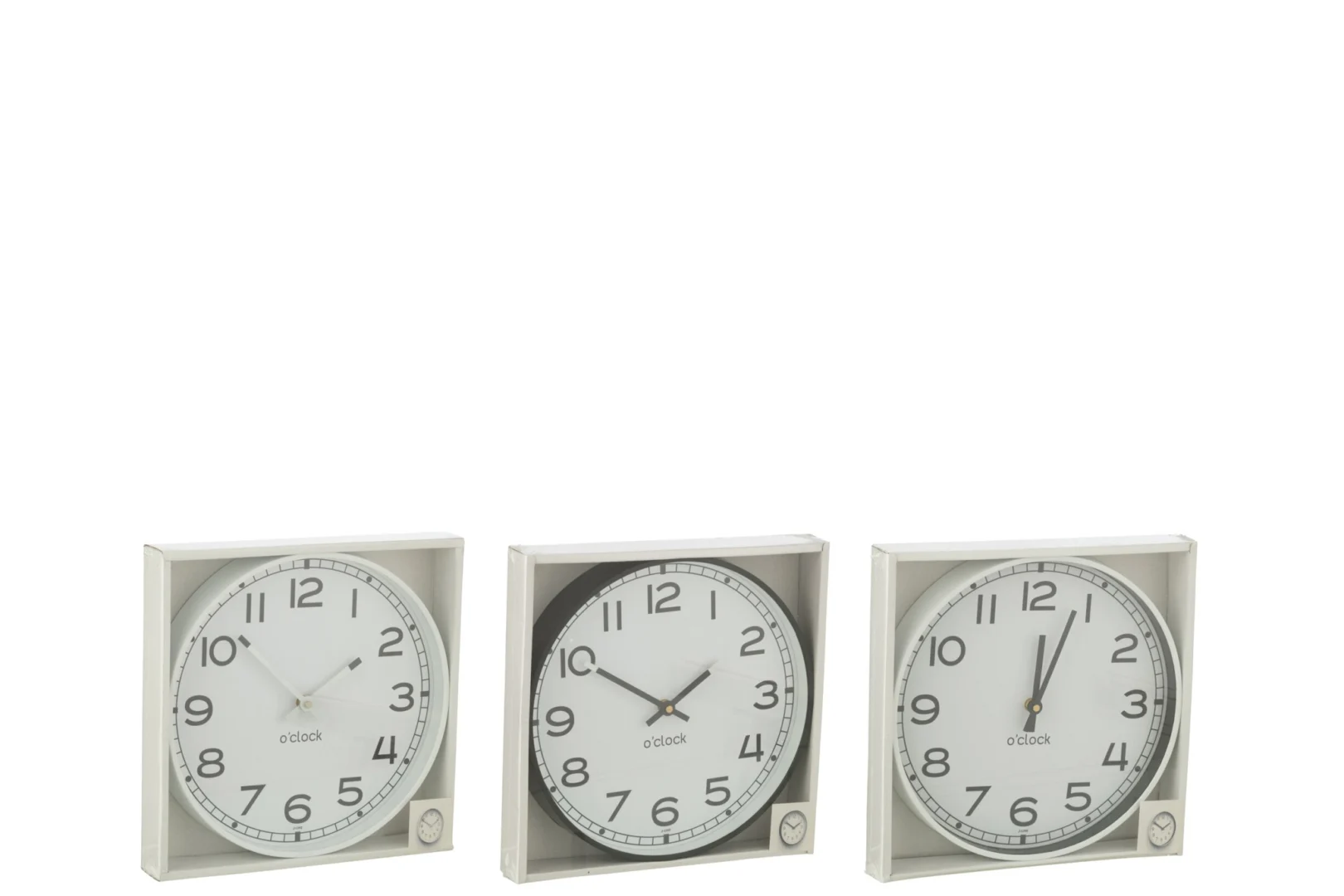 Wandklok Trinsonte Meerkleurig set van 3 ronde klokken met groot cijferdisplay in wit, grijs en zwart