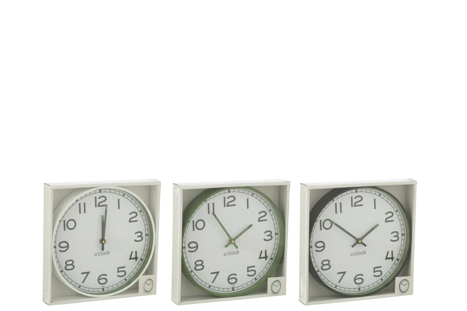 Set van 3 Wandklok Siestone in wit, groen en zwart, ronde 30x30 cm klokken in slank kunststof design