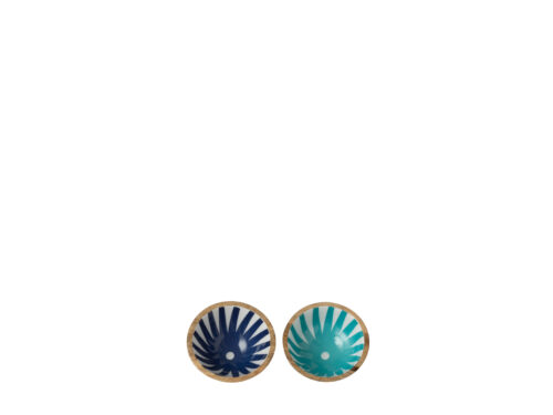 Kom Vissero mangohout blauw set van 2 met donkerblauw en turquoise patroon in houten rand