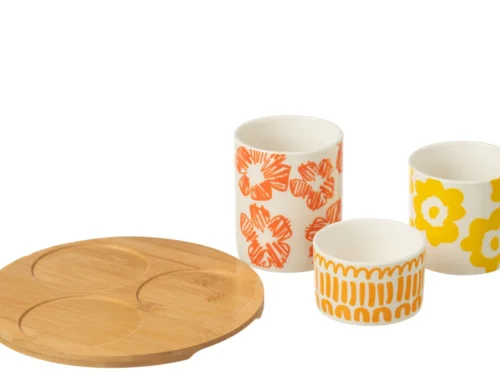 Dienblad Fliendora keramiek set van 3 met bamboe tray en kleurrijke bloemenprint schaaltjes