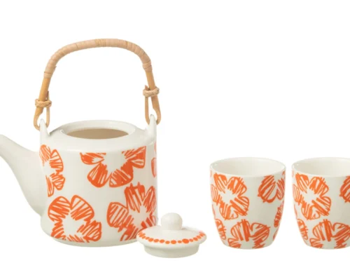 Theepot Preiten keramiek oranje set van 3 met bloemenprint en bamboe handgreep
