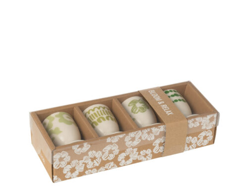 Grauskea keramiek eierdopjes groen, set van 4 in cadeauverpakking met botanische print