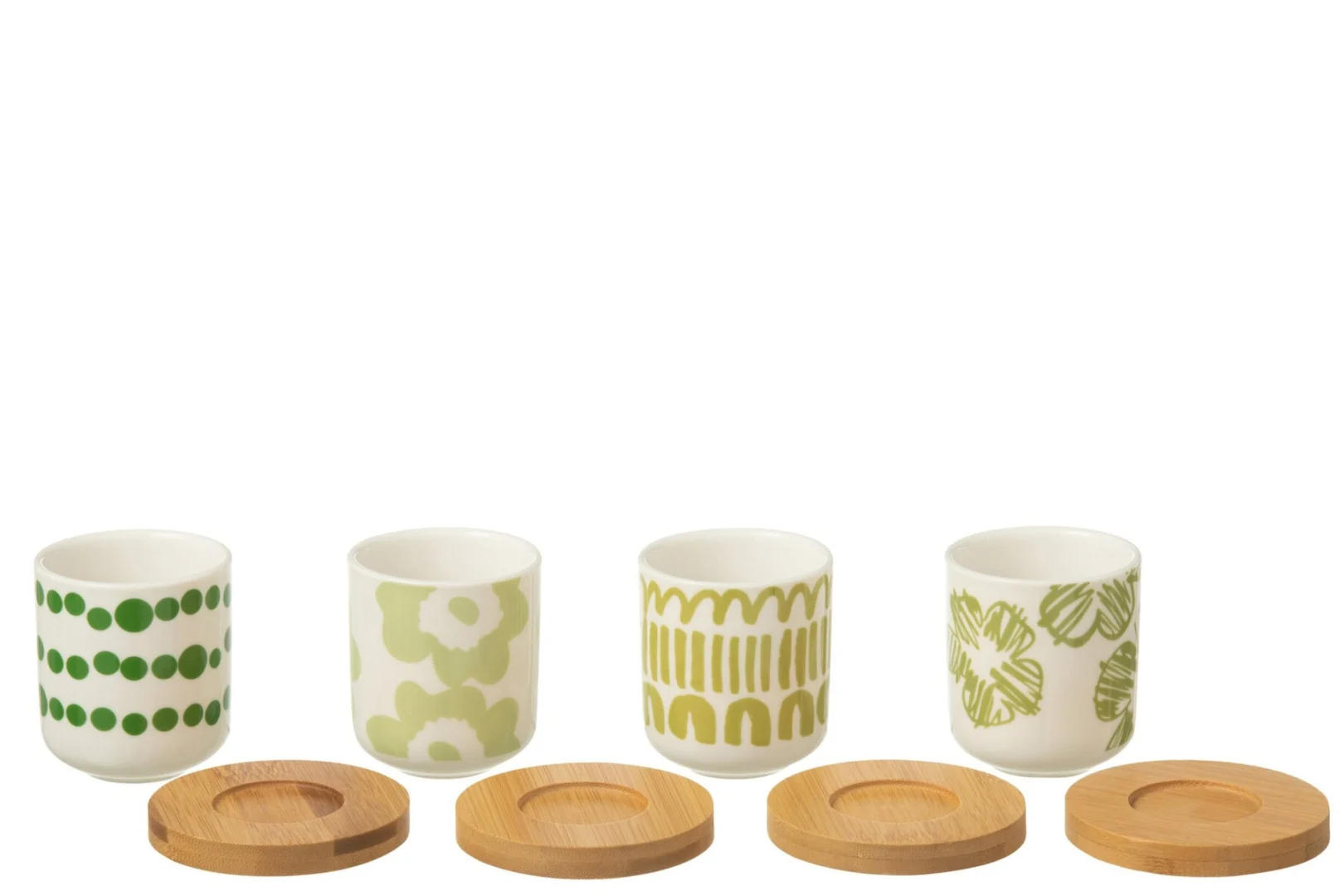 Kleltone keramiek kopjes set van 4 in groen met speelse patronen en ronde houten onderzetters