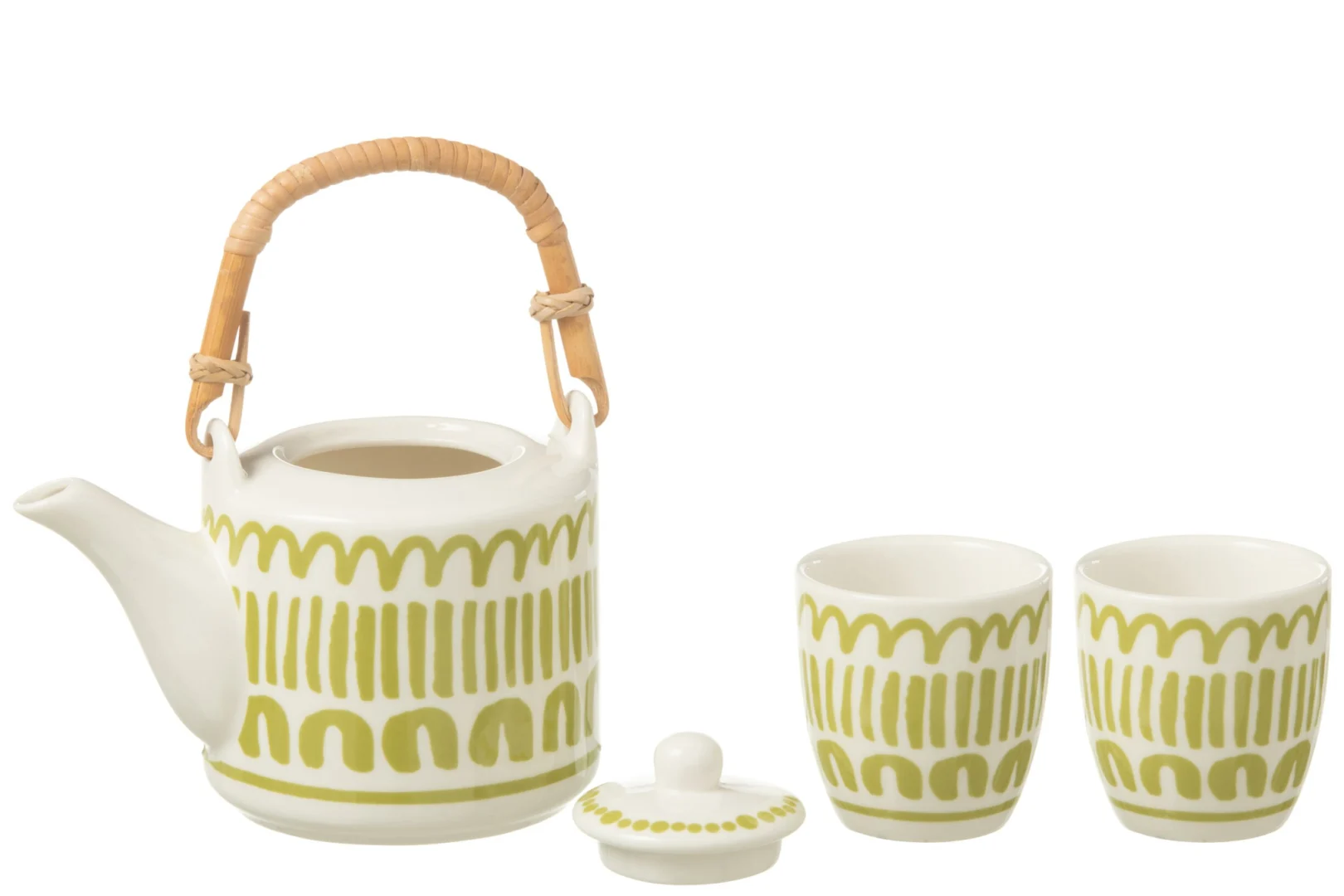 Deitond keramiek theepot set van 3 met groen patroon, bamboe handvat en deksel, stijlvol woonaccessoire