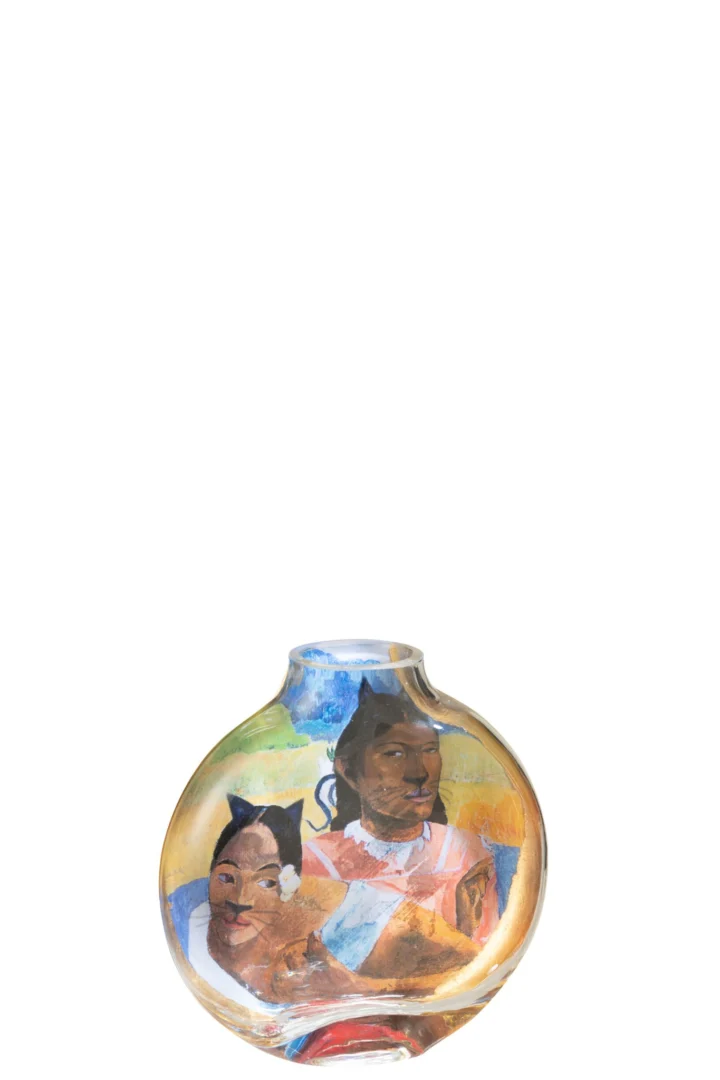 Vaas Kleendak Glas Meerkleurig H15 cm met slank rond model en kleurrijke illustratie van twee gezichten