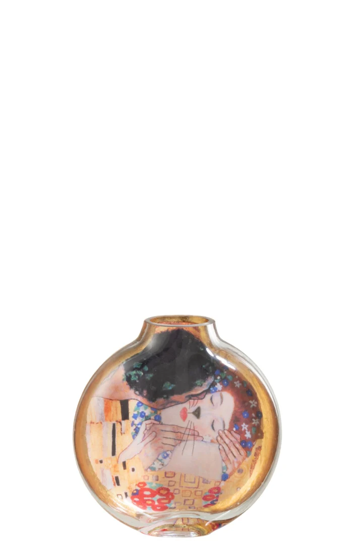 Vaas Loonsas glas meerkleurig H15 cm met artistiek gezichtsmotief en gouden randafwerking