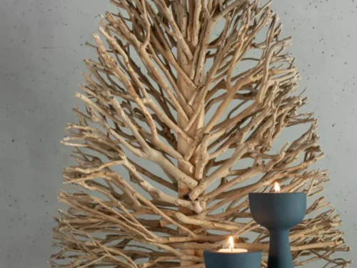 Kunstboom Foolvund Hout Naturel H70 cm, slanke decoratieve boom van naturel theeboomhout op houten voet