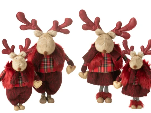 Decoratiefiguur Joensuu rendieren set van 2 in rood polyester met hartje, winterse woondecoratie H56 cm