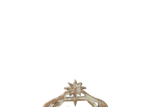 Kerststal Callia van mangohout naturel, compact kerstdecor met rustieke afwerking en heilige familie silhouet